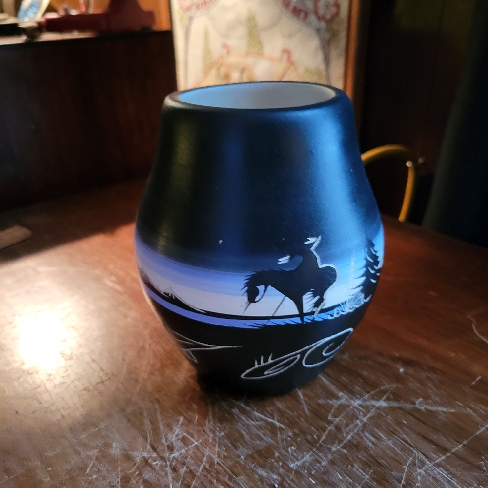 Mesa Verde Pottery Vase Signed Native American Colorado Black Carved Detailed